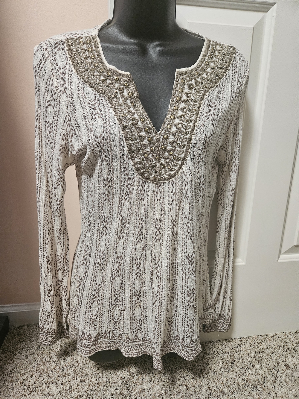 Lucky Brand Ivory and Taupe Beaded V-Neck Tunic